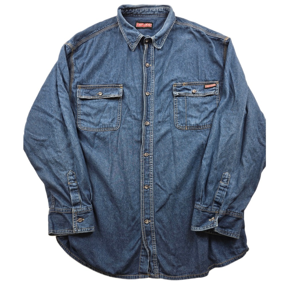 Craftsman Denim Shirt Mens 2XL Blue Jean Cotton Long Sleeve Workwear Button‎